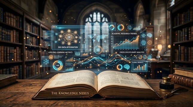 Open book in library with data analysis and knowledge nexus concept digital display.