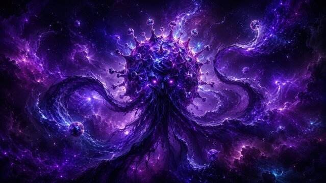 Cosmic virus monster with glowing purple energy in deep space fantasy apocalypse universe scene