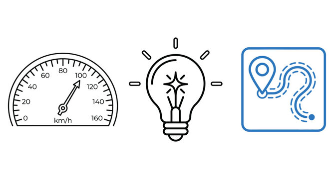 Speedometer light bulb idea map location route icons with speedometer measurement velocity