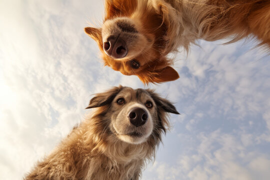 Two dogs, a black and tan mixed breed and a golden retriever, gaze down at the camera, set against a bright blue sky with fluffy clouds
