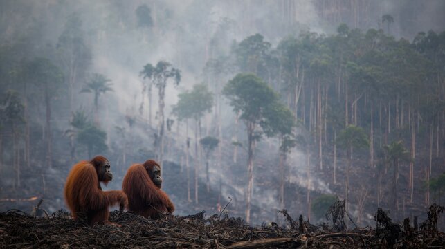 Two orangutans watch burning rainforest habitat with smoke rising showing deforestation and climate crisis