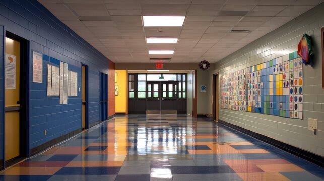 Empty school hallway with colorful walls, lockers, and bulletin boards