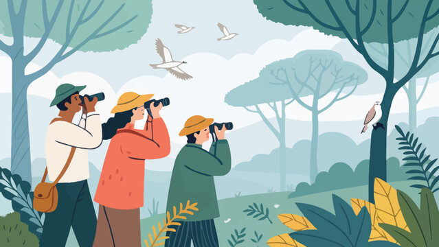 Group of people birdwatching in a forest with binoculars day trip eco tourism binoculars use nature lovers outdoor recreation wildlife observation group activity leisure activity birdwatching