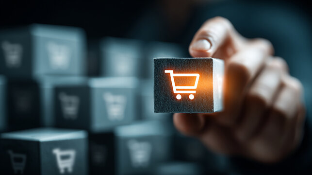 Hand holding glowing shopping cart icon cube among similar cubes in dark background representing e commerce concept