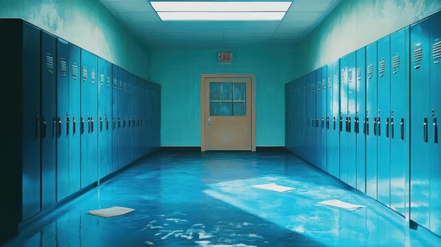 Long school hallway with blue lockers, clean, bright, empty