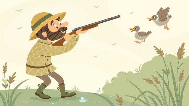 Hunter aiming a rifle at two ducks in flight with outdoor activity bird watching shooting sports shooting outdoors wildlife recreation illustration countryside waterfowl activity feathered
