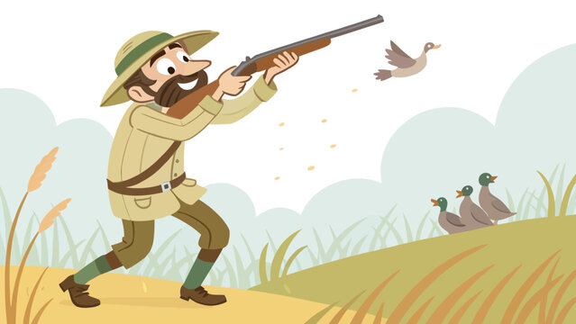 Cartoon hunter with rifle aiming at flying duck in field with other ducks outdoor activity hunting season sport hunting shooting wildlife illustration outdoors countryside character movement
