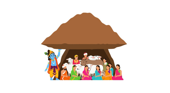 Lord Krishna lifting Govardhan Hill to protect villagers and cows from Indra's wrath