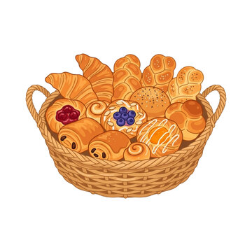 Basket of Assorted Pastries and Bread Vector Cartoon Illustration