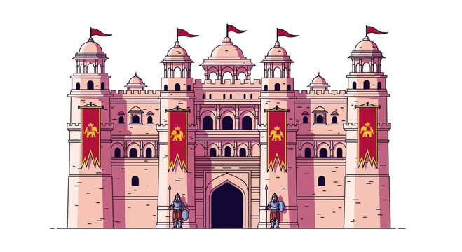 Fantasy Castle Fortress Medieval Architecture with Guards and Banners