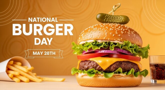 Juicy double burger with toppings for national burger day may 28th