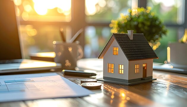 A miniature house model on a desk with papers and coins