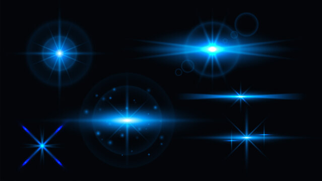Set of glowing blue stars and light rays effect on black background