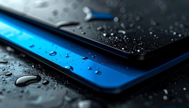 Aesthetic macro photo showing clear water droplets on the surface of a modern electronic device in electric blue and matte black. The image highlights the smooth texture, light refclose up of a laptop
