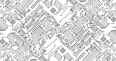 Obraz premium Abstract black circuit board technology connected lines electronics elements computer motherboard chip processor semiconductor digital on white background vector