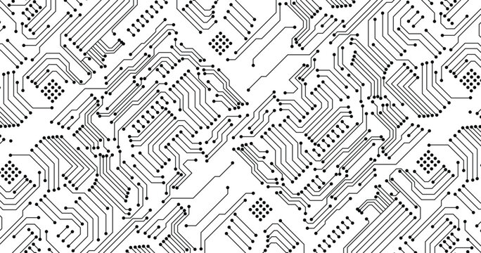 Abstract black circuit board technology connected lines electronics elements computer motherboard chip processor semiconductor digital on white background vector