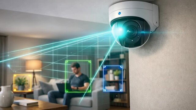 Smart home security camera monitoring modern apartment with digital surveillance and advanced protection technology