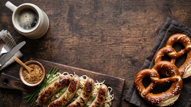 Traditional German Food Still Life with Sausages and Pretzels.