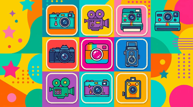 A vibrant illustration of various camera icons on a colorful background for sosial media instagram logo