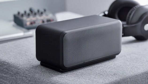 Close-up of a matte black rectangular wireless speaker with a metallic mesh front on a gray fabric surface, with black headphones and an audio mixer in the blurred background.