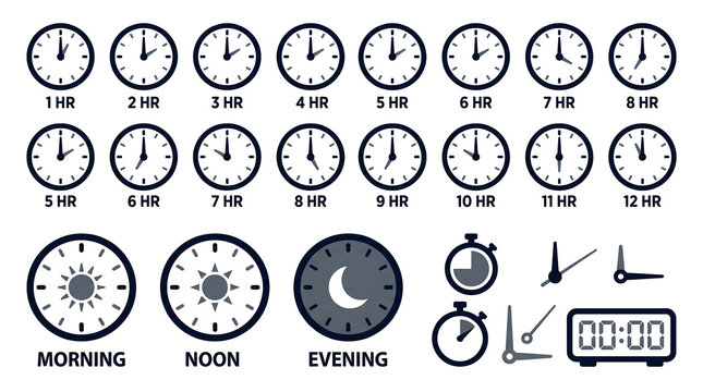 Collection of clock icons showing different times of day and hours, including a stopwatch and digital clock