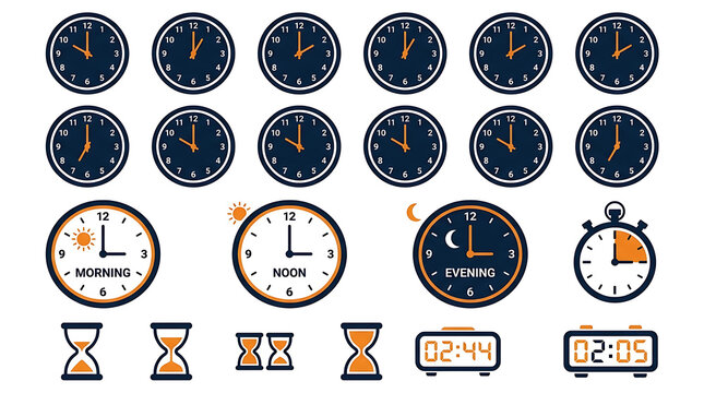 Collection of various timekeeping devices including analog clocks, digital clocks, hourglasses, and a stopwatch