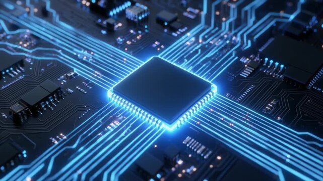 Futuristic AI microchip glowing blue with digital circuits radiating outward, symbolizing artificial intelligence, data processing, and advanced technology.