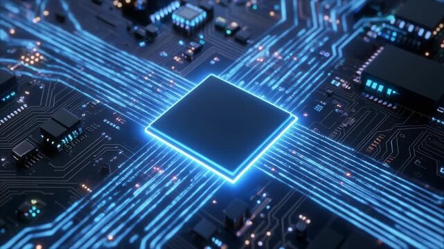 Futuristic AI microchip glowing blue with digital circuits radiating outward, symbolizing artificial intelligence, data processing, and advanced technology.