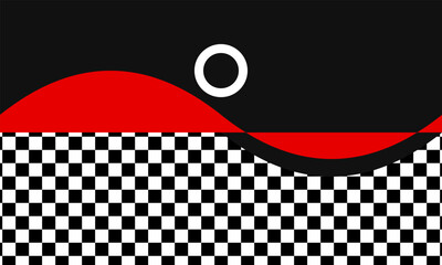 Fototapeta premium Modern dynamic racing concept flag featuring a red wave white circle and checkerboard pattern illustration