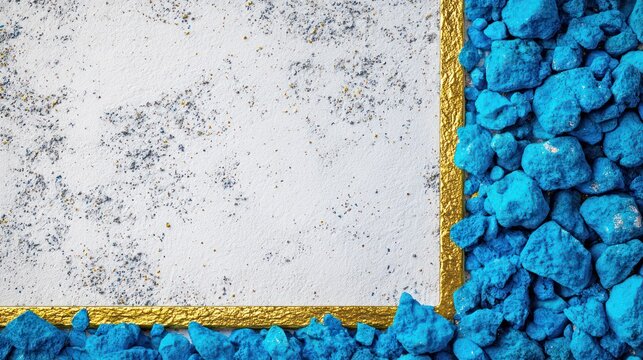 Textured artwork with a gold border and vibrant blue mineral fragments