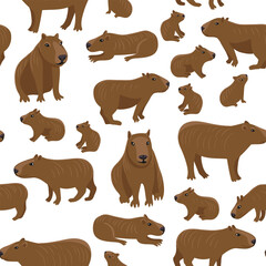 Fototapeta premium Vector drawing seamless pattern with capybara, animals at white background, hand drawn illustration