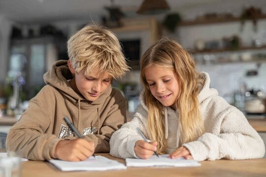 boy and girl, brother and sister doing homework together at home, family concept, learning