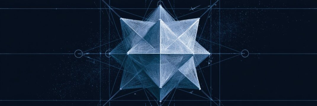This drawing presents a side elevation view of a complex polyhedron featuring a geometric grid overlay and precise scientific details.