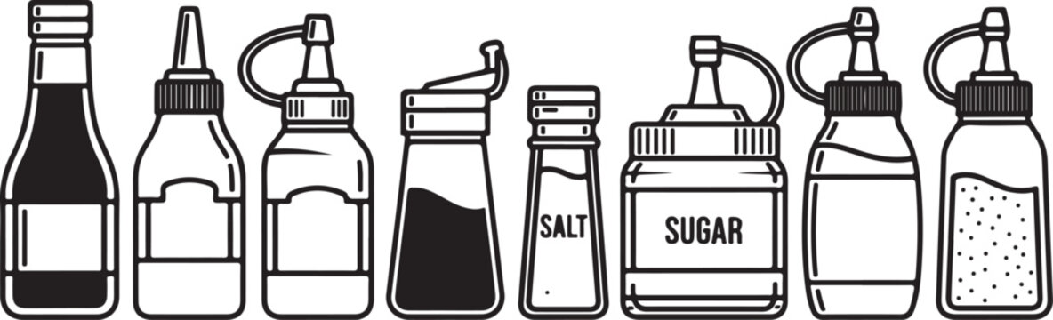 Vector set of household condiment bottles salt sugar pepper and spice containers Vector