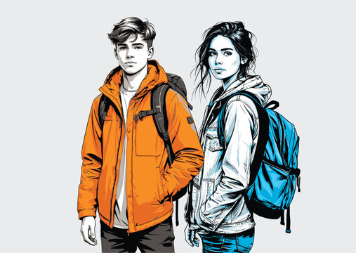 042-24-Stylish students wearing backpacks are getting ready to go back to school