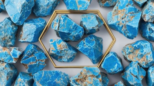 Close-up of vibrant blue raw stones scattered around a gold geometric hexagon frame