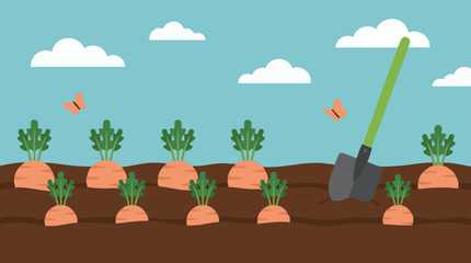 Cartoon illustration of a carrot garden with a shovel and butterflies under a blue sky © Graphixel
