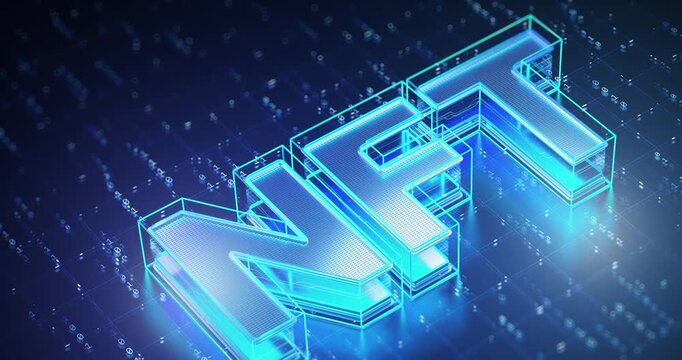 Bright glowing NFT letters float above a futuristic digital network with blockchain inspired visuals.