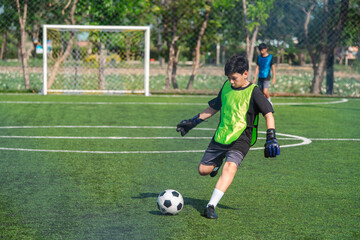 Obraz premium World cup concept with soccer ball or football player, soccer player kicking ball on green field
