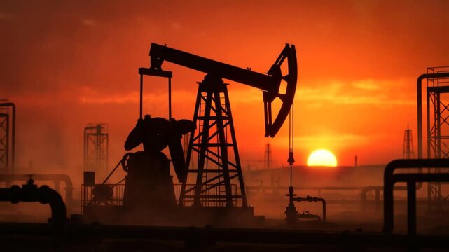 A single of oil pump operating at glowing sunset background, industrial energy landscape, 4K video