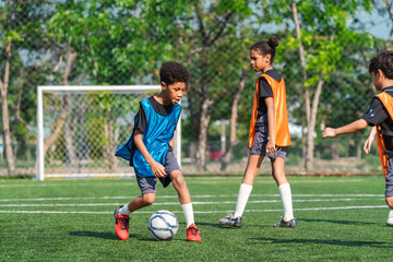 World cup concept with soccer ball or football player, young children playing soccer on green field with goal and trees in sunny outdoor park © chokniti