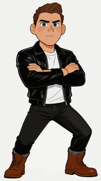 Cool Cartoon Young Man in Leather Jacket Standing with Crossed Arms