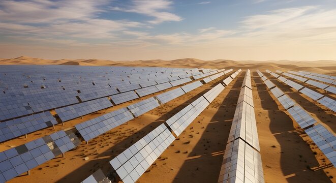 Extensive solar panel array spans the arid desert landscape, efficiently harnessing sustainable renewable energy during sunset