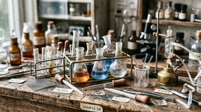 Vintage Chemistry Lab Equipment on Rustic Wooden Table