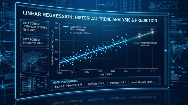 Linear Regression Analysis on Futuristic Digital Display.