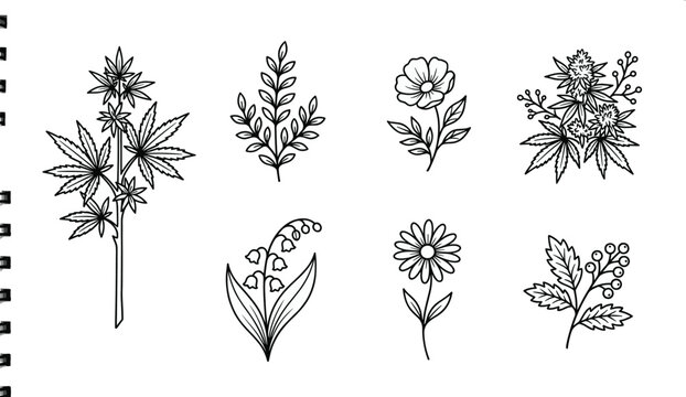 Botanical Flower and Plant Engraving Style Vector Illustration Set with Cannabis Leaves Daisy Wildflowers Berry Branches Lily of the Valley Elements