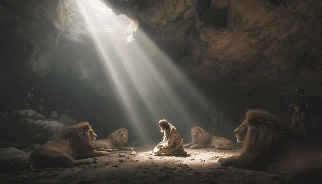 Daniel in the Lions&rsquo; Den Praying Under Divine Light Biblical Scene