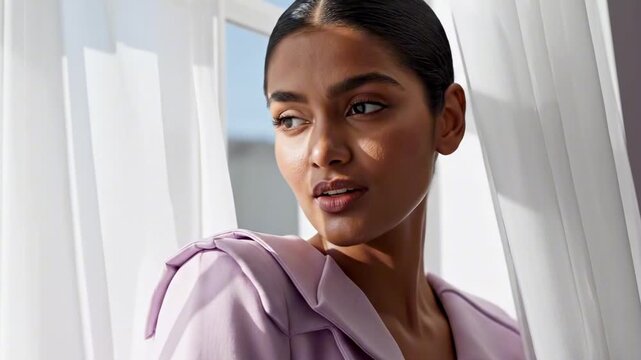 Confident asian model in lavender blazer by sheer white curtains, warm sunlit face, polished hair, graceful expression, and airy modern fashion portrait atmosphere with premium soft lifestyle mood