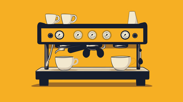 Vintage espresso machine with cups, gauges, and knobs on yellow background