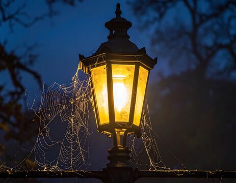 A lit street lamp covered in spider webs at dusk